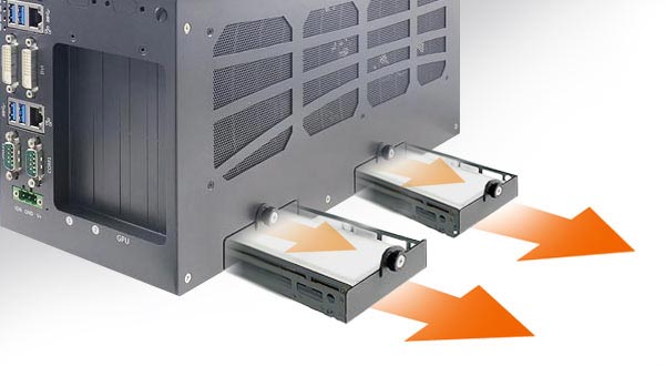 Nuvo-6108GC GPU Computing Platform's patented easy-swap trays for HDD replacement